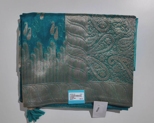 Teal Elegance: Paisley Silk Saree with Silver Weave - Teal - Picture 1