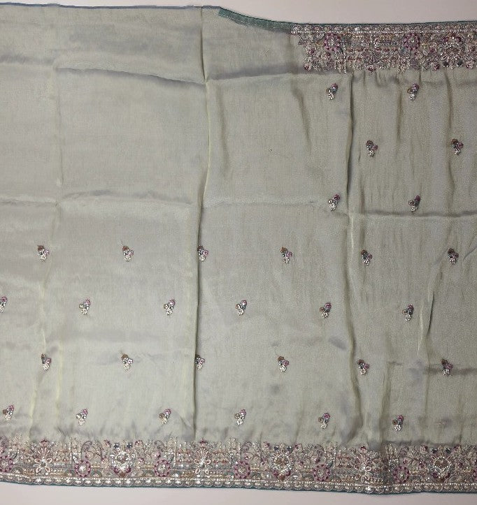 Elegant Grey Embroidered Silk Saree - Olive green - Picture 5