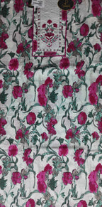 Elegant Pink Floral Printed Cotton Suit Set - White - Picture 2