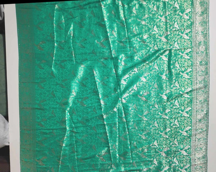 Emerald Green Banarasi Brocade Silk Saree - Teal - Picture 4