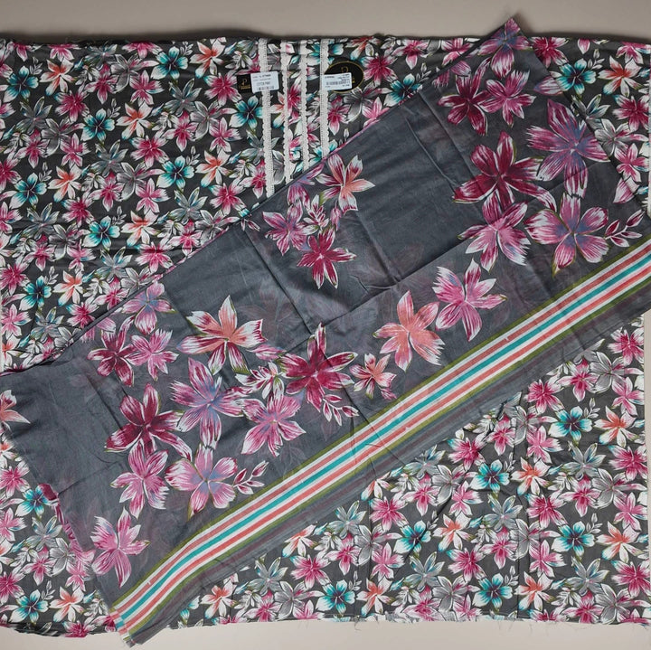 Floral Elegance Cotton Kurta Set - Dark gray - Picture 5