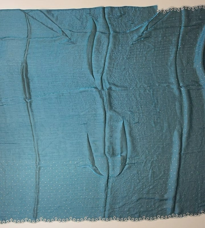 Teal Elegance: Embroidered Georgette Saree - Teal - Picture 5