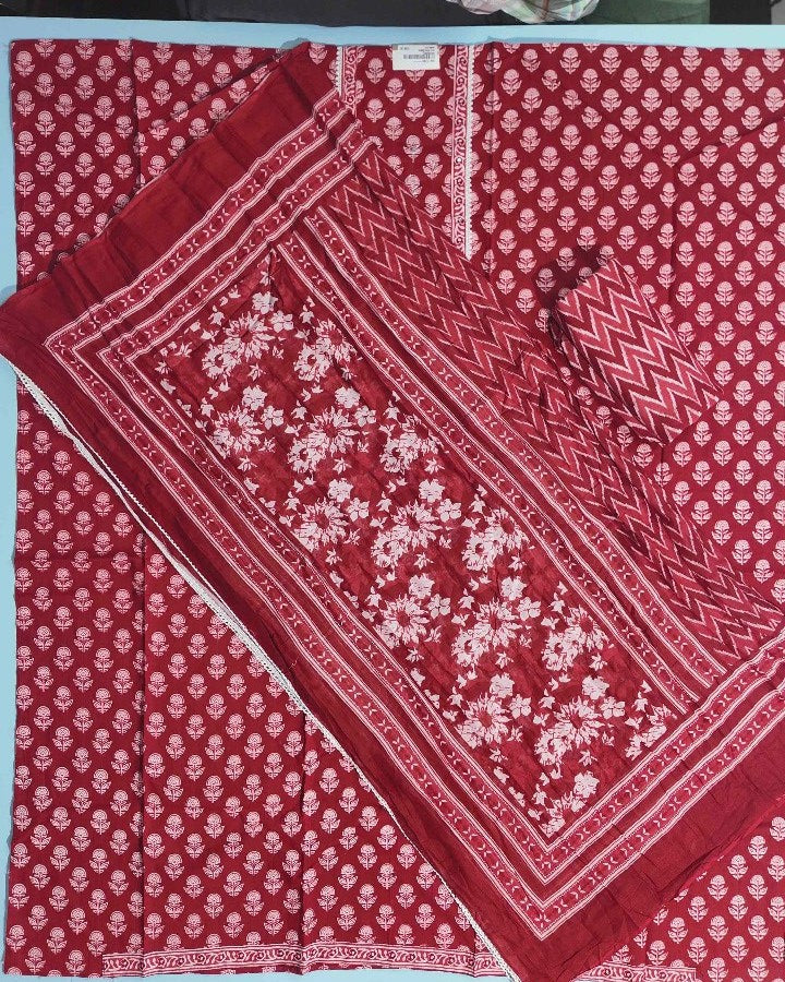 Elegant Red Floral Block Print Cotton Suit - Red - Picture 4