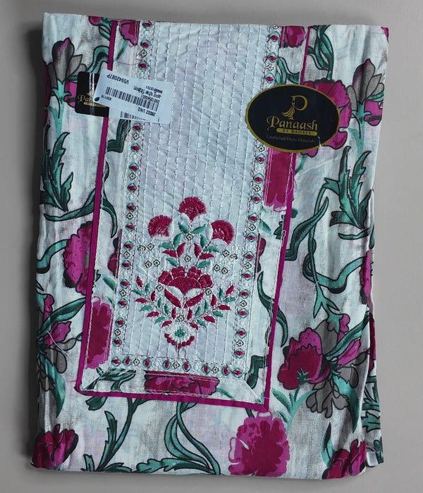 Elegant Pink Floral Printed Cotton Suit Set - White - Picture 1