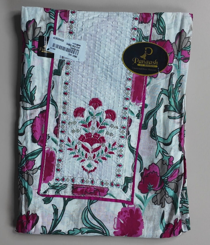 Elegant Pink Floral Printed Cotton Suit Set - White - Picture 1