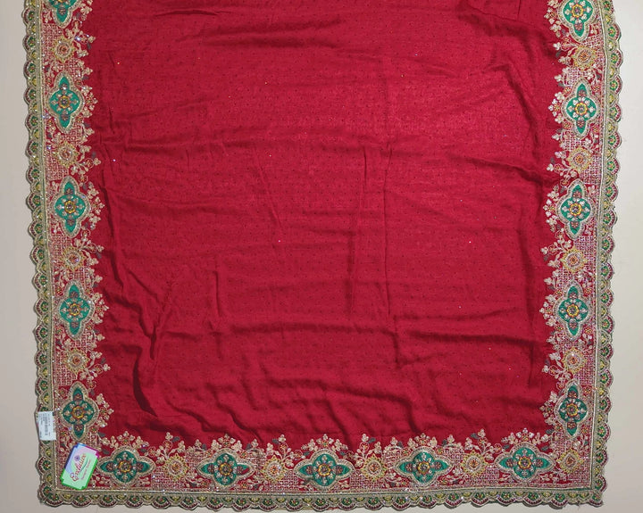 Elegant Red Floral Embroidered Saree - Red - Picture 3