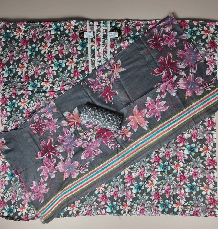 Floral Elegance Cotton Kurta Set - Dark gray - Picture 2