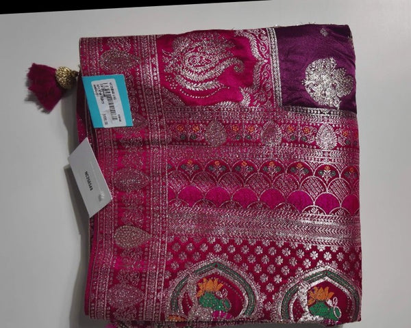 Radiant Pink Banarasi Silk Saree with Elephant Motifs - Magenta - Picture 1