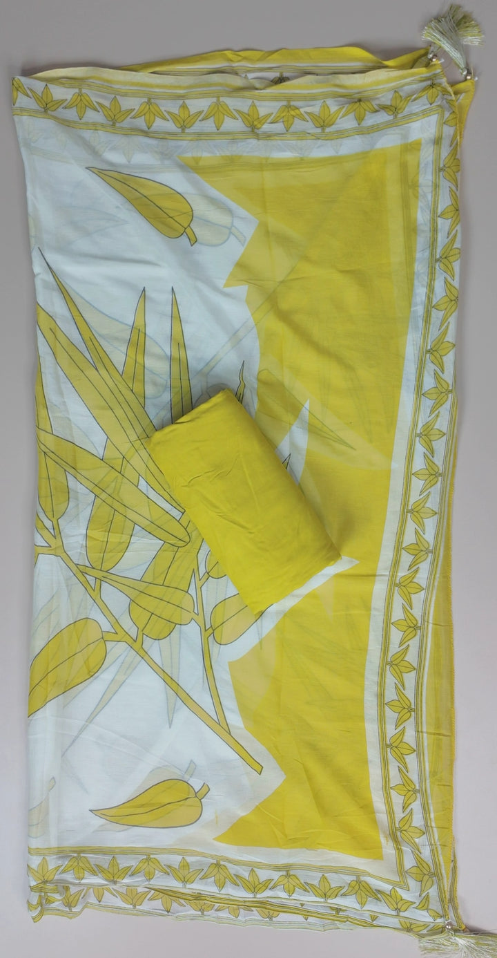 Sunny Yellow Leaf Print Cotton Suit Set - Yellow - Picture 3