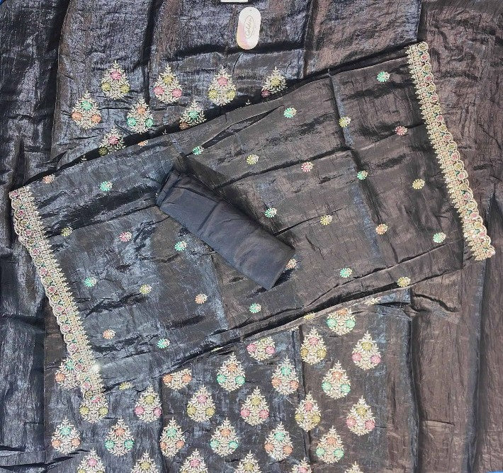 Elegant Black Silk Saree with Multicolor Embroidery - Black - Picture 6