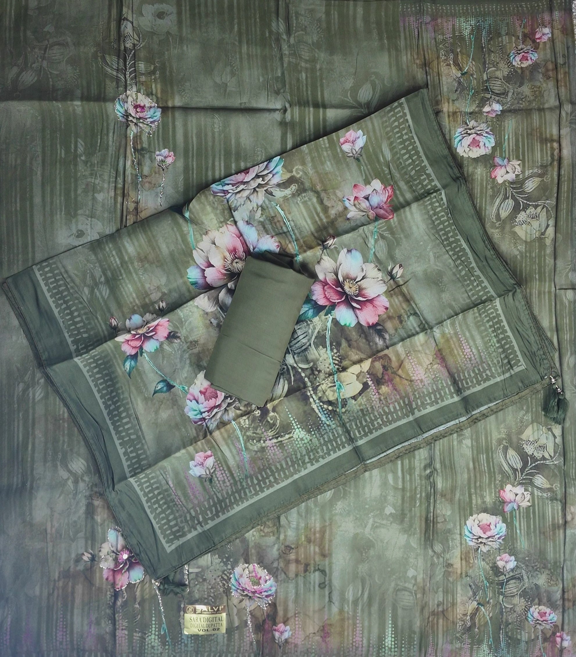 Elegant Floral Green Digital Print Suit - Olive green - Picture 1