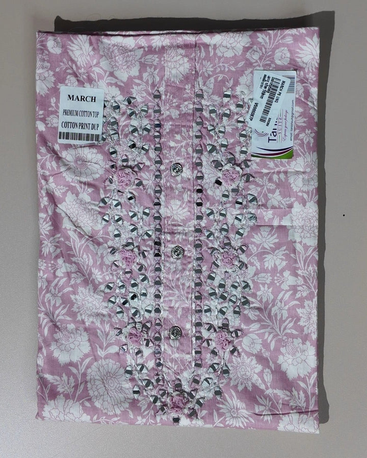 Blush Pink Floral Cotton Suit with Mirror Work - Light pink - Picture 1