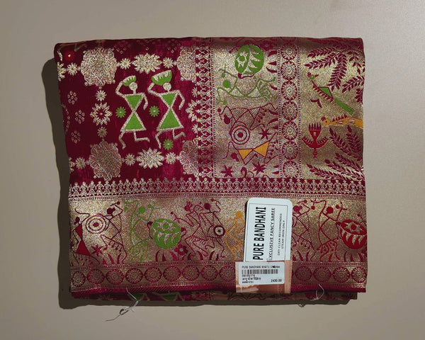 Elegant Maroon Warli Art Bandhani Saree - Maroon - Picture 1