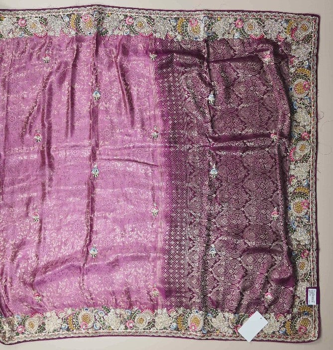 Elegant Purple Brocade Saree with Floral Embroidery - Purple - Picture 2