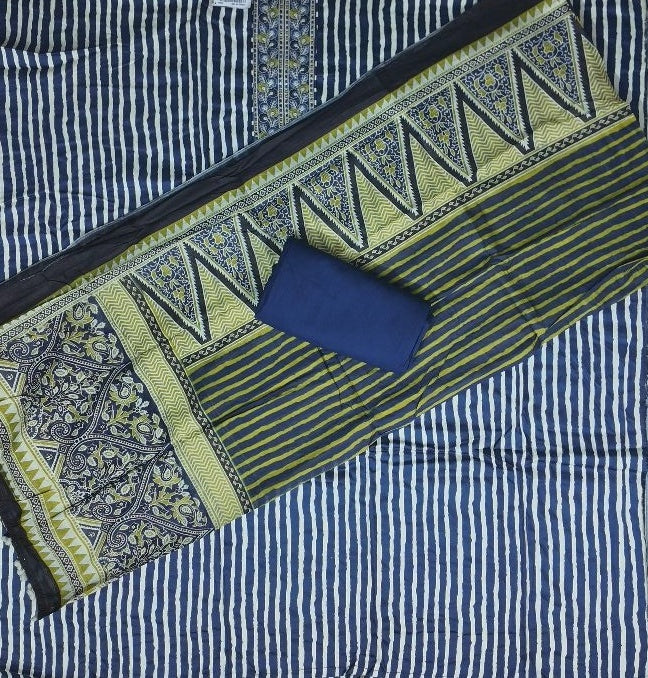 Navy Blue Floral Embroidered Cotton Kurta Set - Navy blue - Picture 5