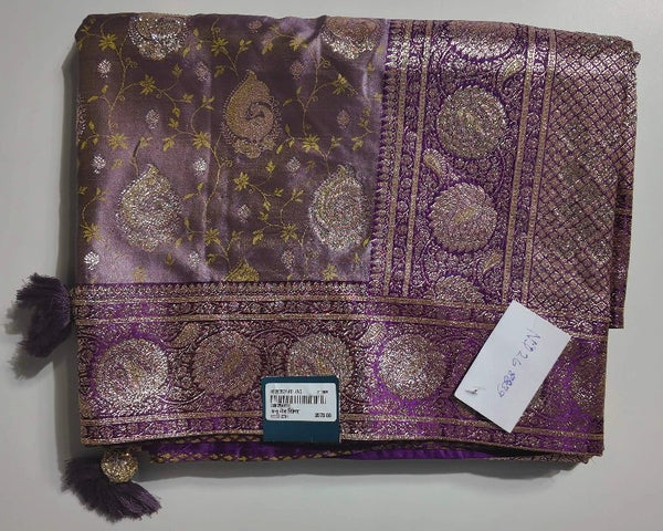 Regal Purple Banarasi Silk Saree with Gold Motifs - Purple - Picture 1