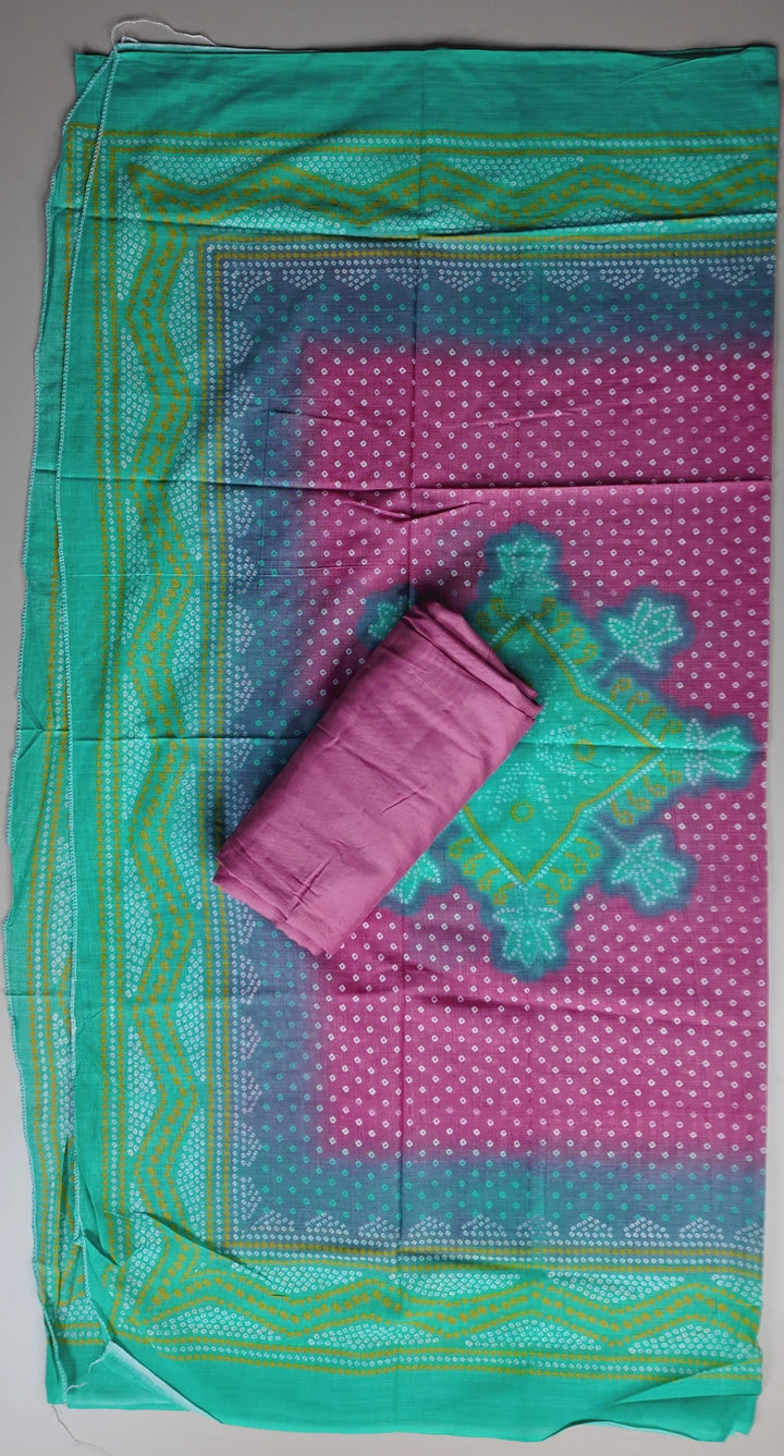 Vibrant Teal & Magenta Bandhani Unstitched Suit - Teal - Picture 3