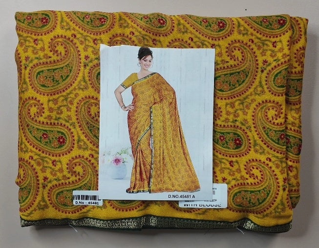 Vibrant Yellow Paisley Print Saree - White (5) - Picture 3