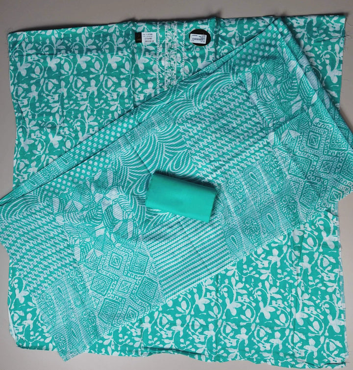 Aqua Elegance: Floral Cotton Kurti Set - Turquoise - Picture 5