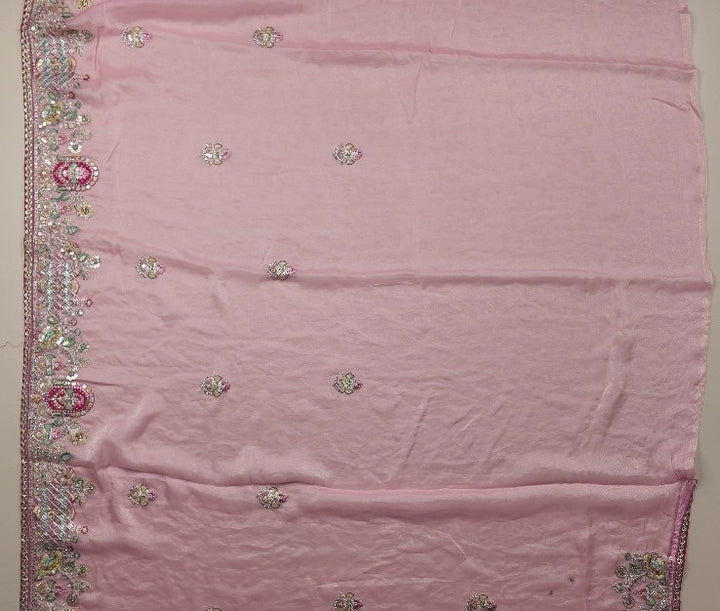 Blush Pink Embroidered Chiffon Saree - Pink - Picture 4