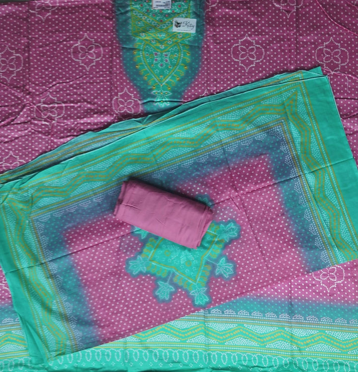 Vibrant Teal & Magenta Bandhani Unstitched Suit - Teal - Picture 6