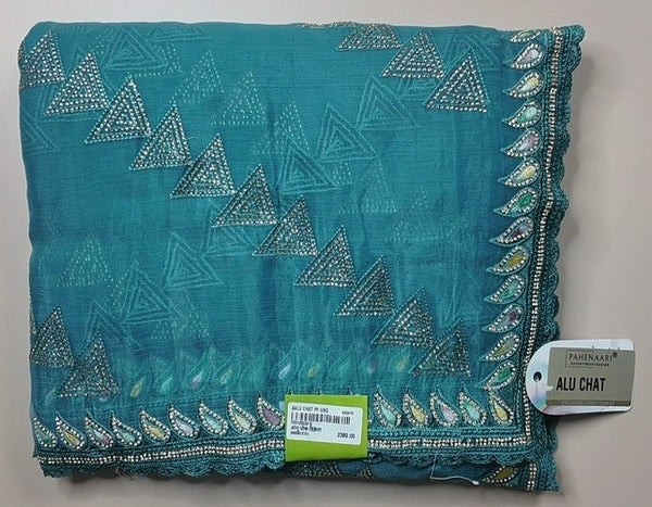 Teal Geometric Embroidered Chiffon Dupatta - Teal - Picture 1