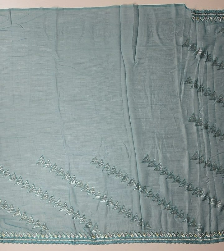 Teal Geometric Embroidered Chiffon Dupatta - Teal - Picture 4