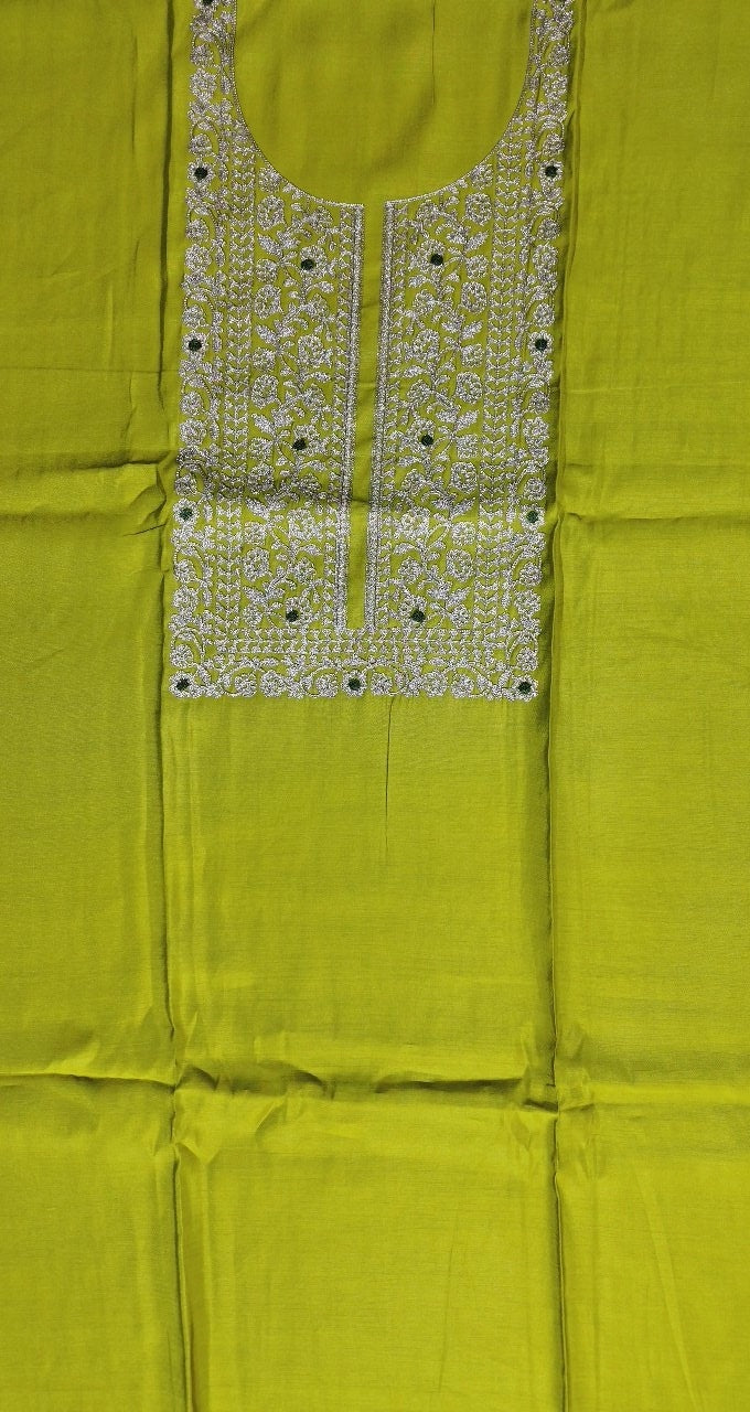 Vibrant Green Embroidered Silk Suit Set - Olive green - Picture 3