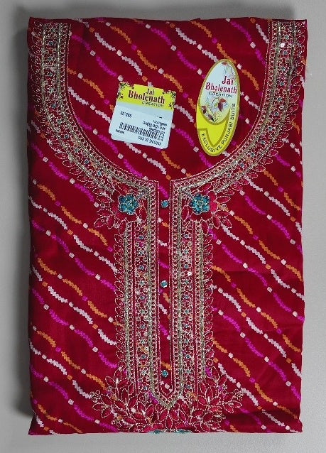 Elegant Maroon Bandhani Suit with Embroidered Neckline - Red - Picture 1