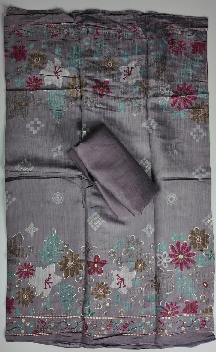 Elegant Grey Floral Embroidered Chanderi Suit - Gray - Picture 3