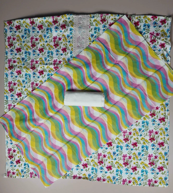 Vibrant Floral & Lace Kurta Fabric Set - White - Picture 5