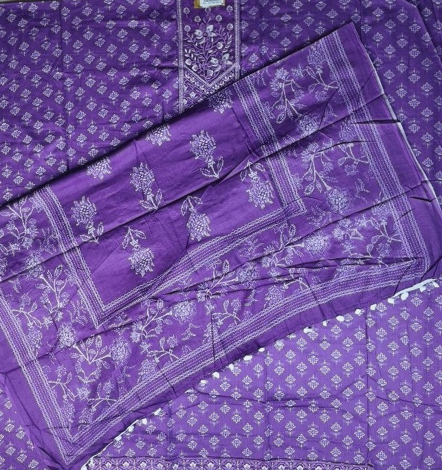 Vibrant Purple Floral Embroidered Suit Set - Purple - Picture 4