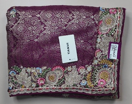 Elegant Purple Brocade Saree with Floral Embroidery - Purple - Picture 1