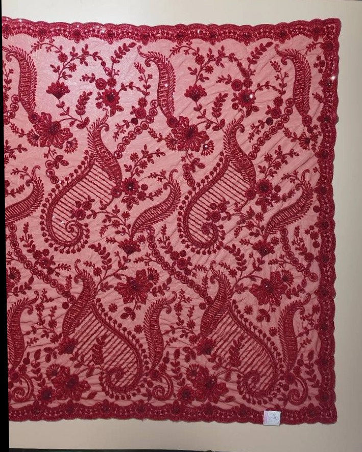 Elegant Ruby Red Floral Embroidered Fabric - Red - Picture 3