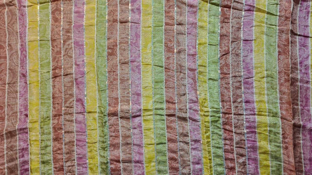 Pastel Striped Chiffon Saree with Sequin Accents - Pink - Picture 3