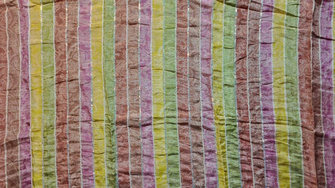 Pastel Striped Chiffon Saree with Sequin Accents - Pink - Picture 3