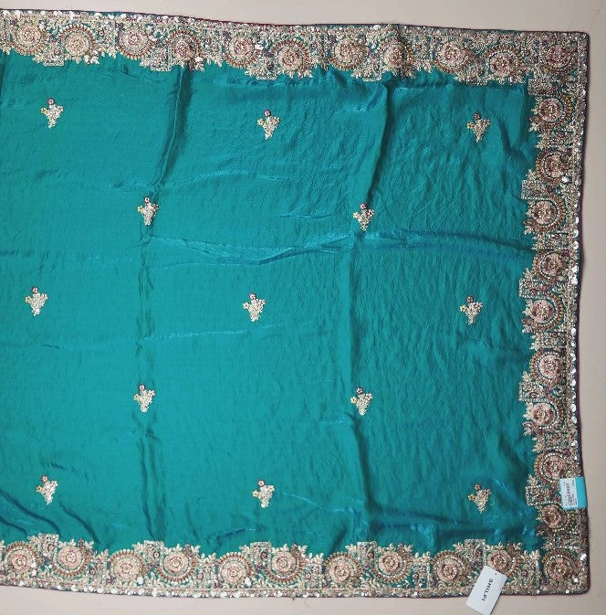 Teal Embroidered Silk Saree with Floral Borders - Teal - Picture 4