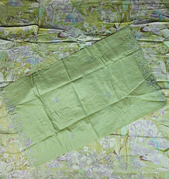 Elegant Lime Green Floral Chiffon Saree - Lime Green - Picture 4