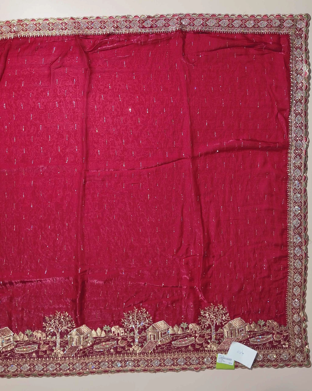 Elegant Red Velvet Saree with Gold Embroidery - Red - Picture 3