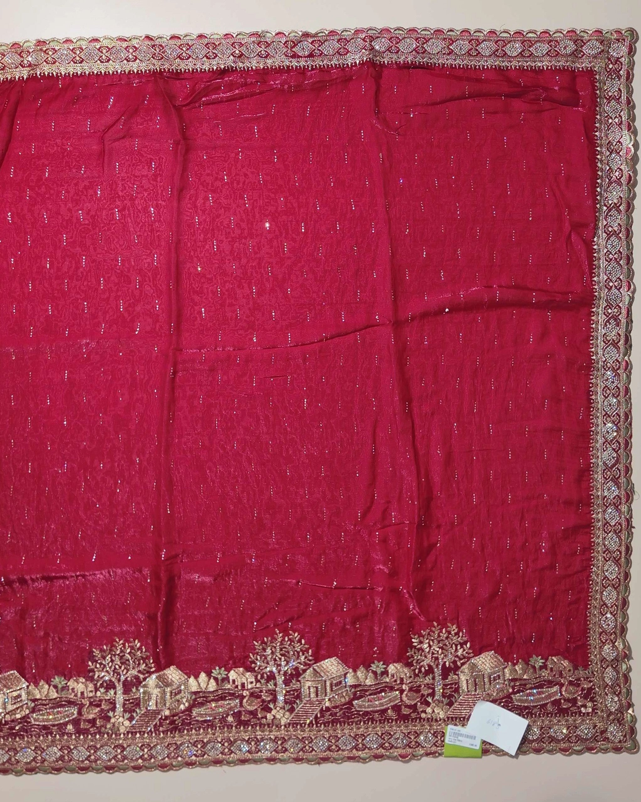 Elegant Red Velvet Saree with Gold Embroidery - Red - Picture 3