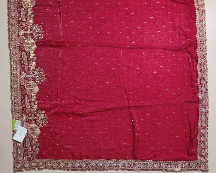 Elegant Red Velvet Saree with Gold Embroidery - Red - Picture 3