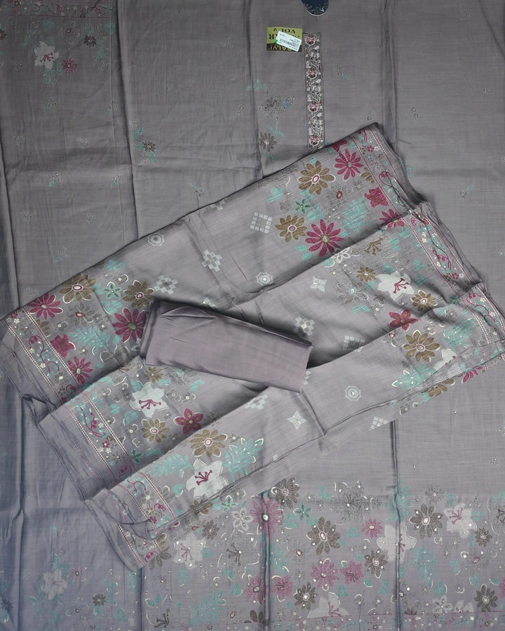 Elegant Grey Floral Embroidered Chanderi Suit - Gray - Picture 5