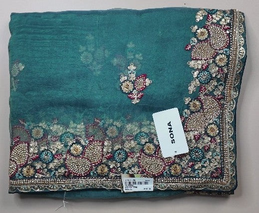 Teal Floral Embroidered Chiffon Saree - Teal - Picture 1