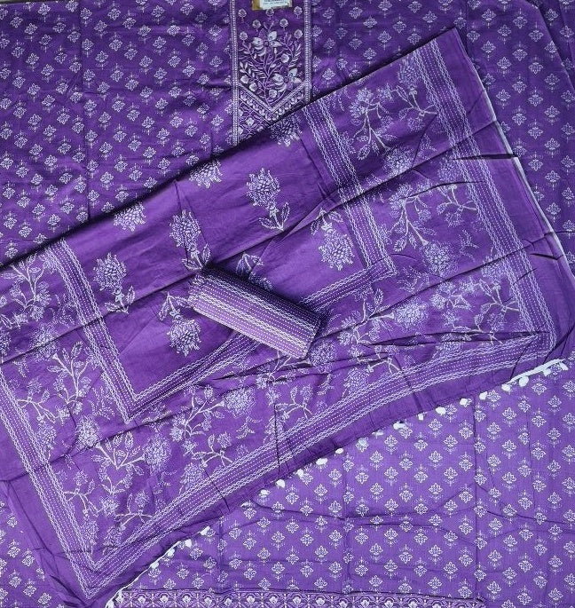 Vibrant Purple Floral Embroidered Suit Set - Purple - Picture 5