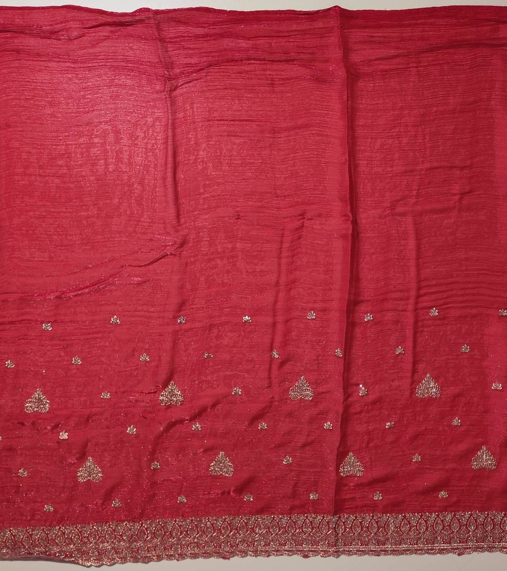 Elegant Red Embroidered Saree with Blouse - Red - Picture 4