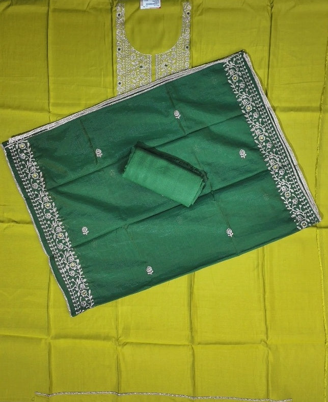 Vibrant Green Embroidered Silk Suit Set - Olive green - Picture 5