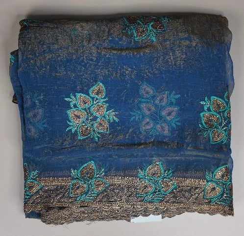 Elegant Blue Chiffon Saree with Embroidered Motifs - Blue - Picture 1
