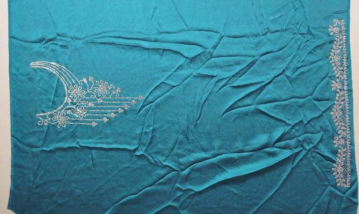 Teal Elegance: Handcrafted Embroidered Saree - Teal - Picture 5