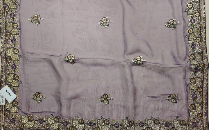 Elegant Purple Floral Embroidered Saree - Purple - Picture 3