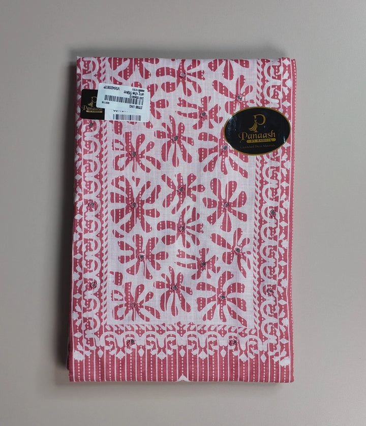 Elegant Pink Floral Printed Cotton Unstitched Suit - Red - Picture 1